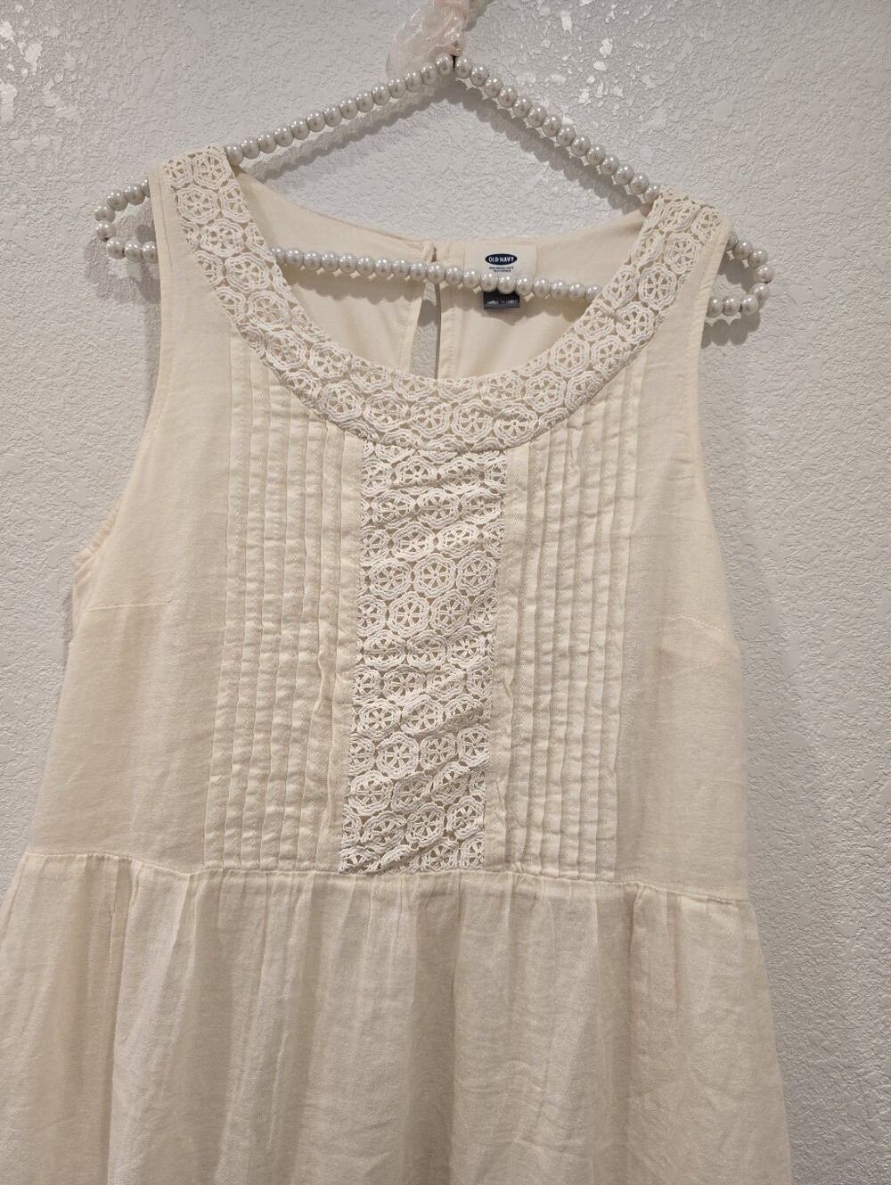 Old Navy Embroidered Swing Dress pintuck Pleats Lace Cream M - Picture 7 of 9